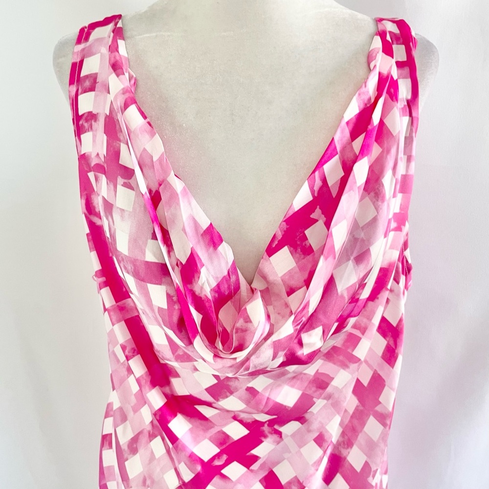 New Chloe Kristyn Gingham Satin Double Strap Cowl Neck Tank Top Pink Size Large - Picture 3 of 16